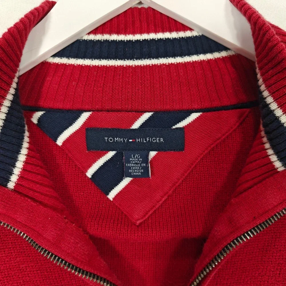 Tommy Hilfiger Mens Red Quarter Zip Cotton Knit Sweater Large Flag Logo Striped